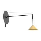 Roma Cone Wall Light with a round matt black disc base, slim black arm, support wire, and a sand yellow aluminium cone shade on a pendant cord, shown on a plain white background.