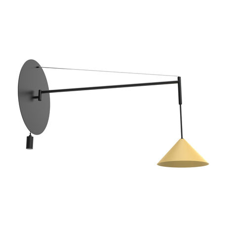 Roma Cone Wall Light with a round matt black disc base, slim black arm, support wire, and a sand yellow aluminium cone shade on a pendant cord, shown on a plain white background.