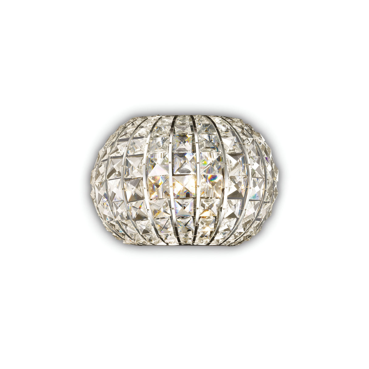 The Auroral Wall Light - Chrome, featuring a spherical design with intricately arranged reflective square facets, produces a dazzling and luminous effect. Enhanced with a dimmable feature, its metallic frame sparkles brilliantly from various angles, offering customizable brilliance for any space.