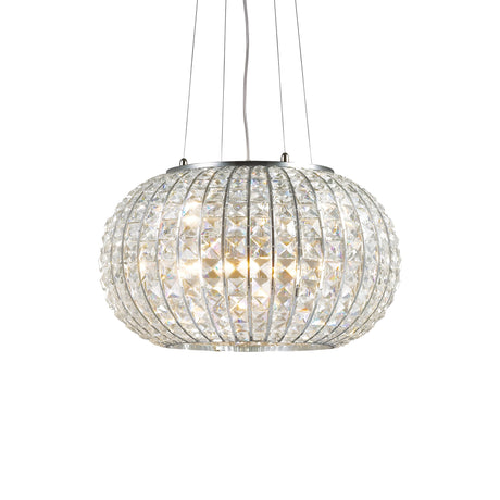 The Auroral 5 Light Crystal Suspension in chrome suspends from the ceiling with its spherical design, featuring multiple faceted crystal accents for a dazzling effect. It emits a warm and elegant glow while illuminating from within, and its dimmable feature allows you to customize the ambiance in your space.