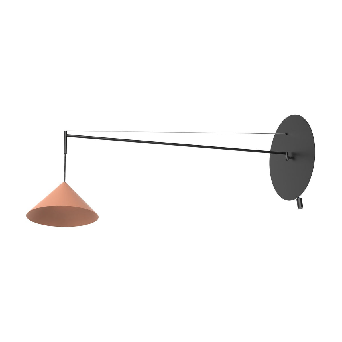 Roma Cone Wall Light with a coral aluminium cone shade on a long matt black iron arm and round wall disc, shown on a plain white background.