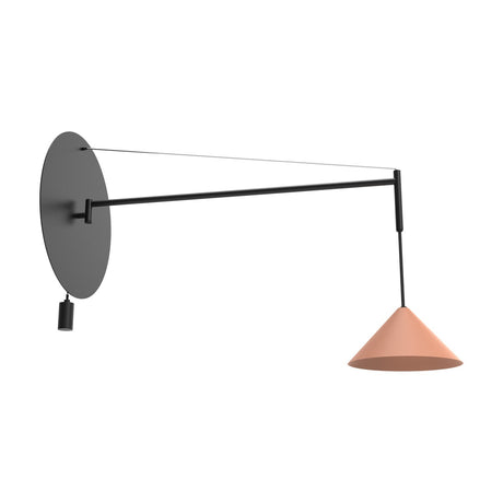 Roma Cone Wall Light with a large round matt black disc and long arm supporting a coral cone shade on a pendant drop, set against a plain white background.