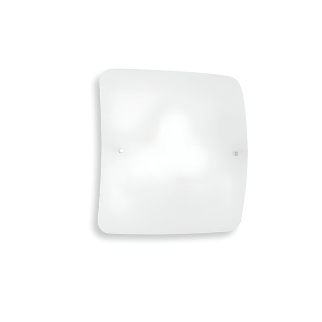 The Lunaria 3 Light Flush - White is a square-shaped wall light fixture made of frosted glass, showcasing a minimalist design with two small metal fasteners on either side. This modern lighting piece, mounted on a white wall, serves as an elegant flush mount light with its sleek glass diffuser.