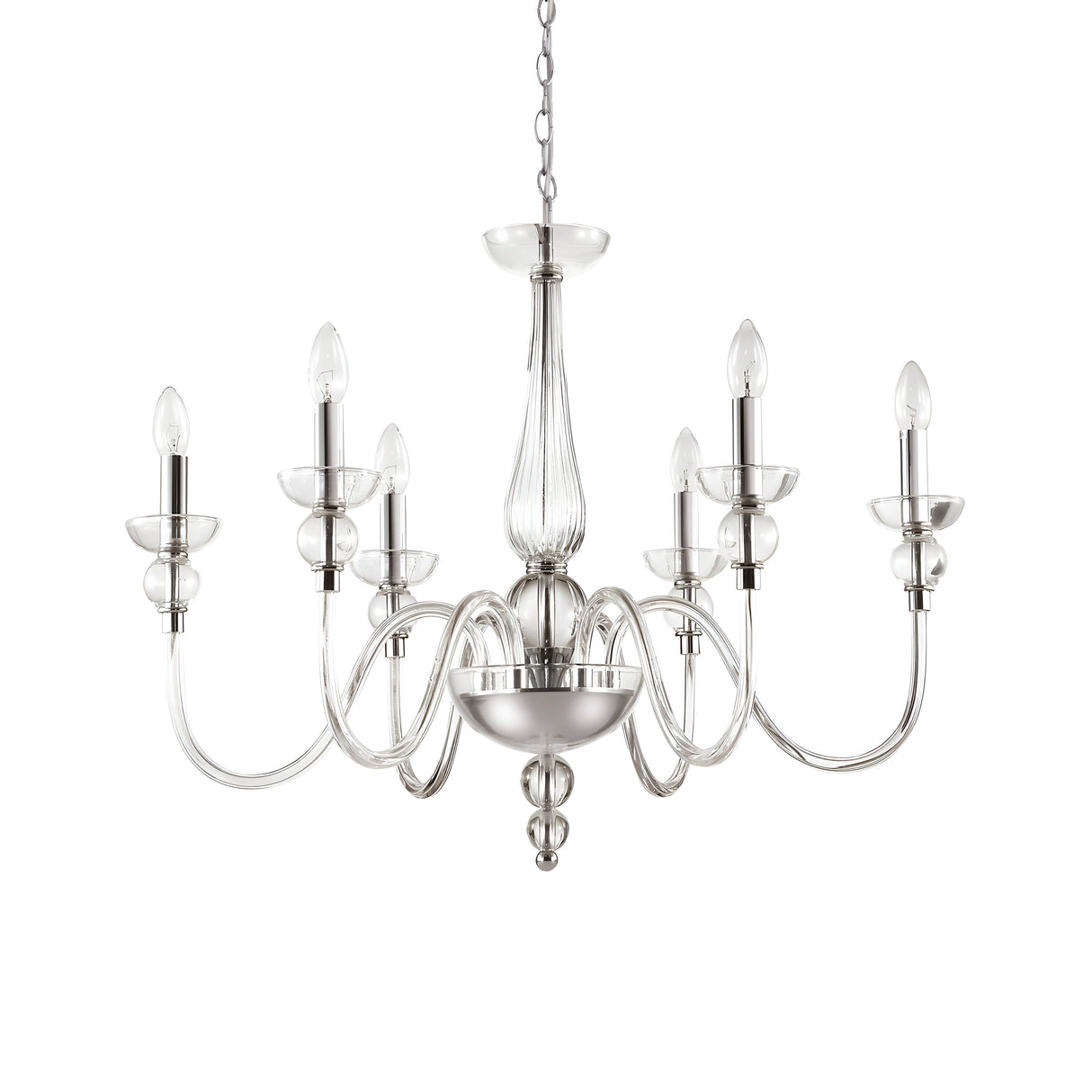 The Casio Glass 6 Light Chandelier - Chrome features a sophisticated glass design with six elegantly curved arms, each holding a candle-shaped bulb. Suspended by a chain, this dimmable chandelier merges classic style with modern functionality.