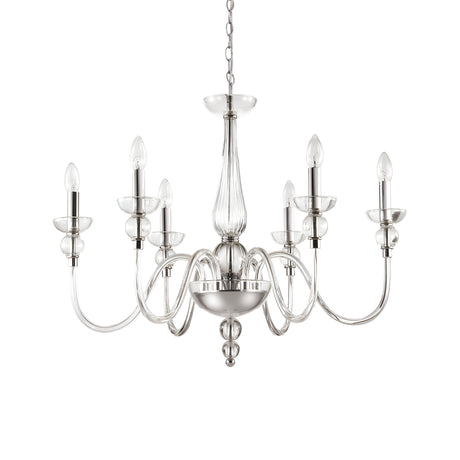 The Casio Glass 6 Light Chandelier - Chrome features a sophisticated glass design with six elegantly curved arms, each holding a candle-shaped bulb. Suspended by a chain, this dimmable chandelier merges classic style with modern functionality.