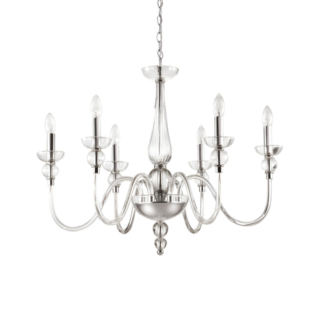 The Casio Glass 6 Light Chandelier - Chrome features a sophisticated glass design with six elegantly curved arms, each holding a candle-shaped bulb. Suspended by a chain, this dimmable chandelier merges classic style with modern functionality.