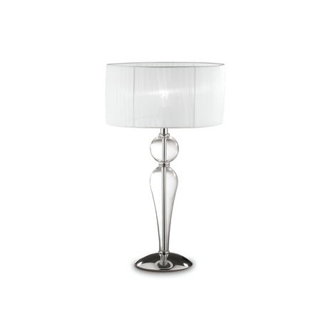 The Arclumis Large Table Lamp - Clear features a modern design with a transparent glass base and a wide fabric lampshade. Its sleek metallic stand and polished round base add an elegant, minimalist touch, ideal for any contemporary setting.