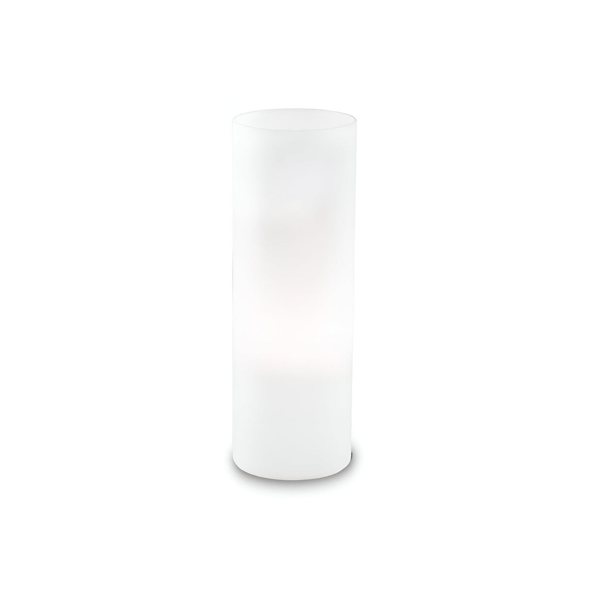 A tall, cylindrical white lamp with a minimalistic design stands on a plain, neutral background. Featuring a white glass diffuser, this Lumira Large Table Lamp - White emits a soft, diffused light that subtly illuminates its surroundings, offering a refined lighting solution.