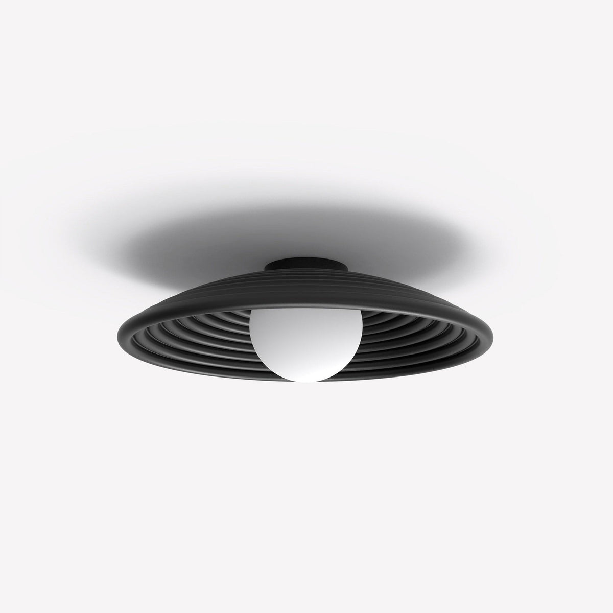 Randa Opal Glass Globe Flush Ceiling Light in matt black aluminium, ribbed dish with central opal glass globe, shown on a plain white background.