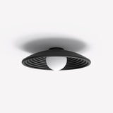 Randa Opal Glass Globe Flush Ceiling Light in matt black aluminium, ribbed dish with central opal glass globe, shown on a plain white background.