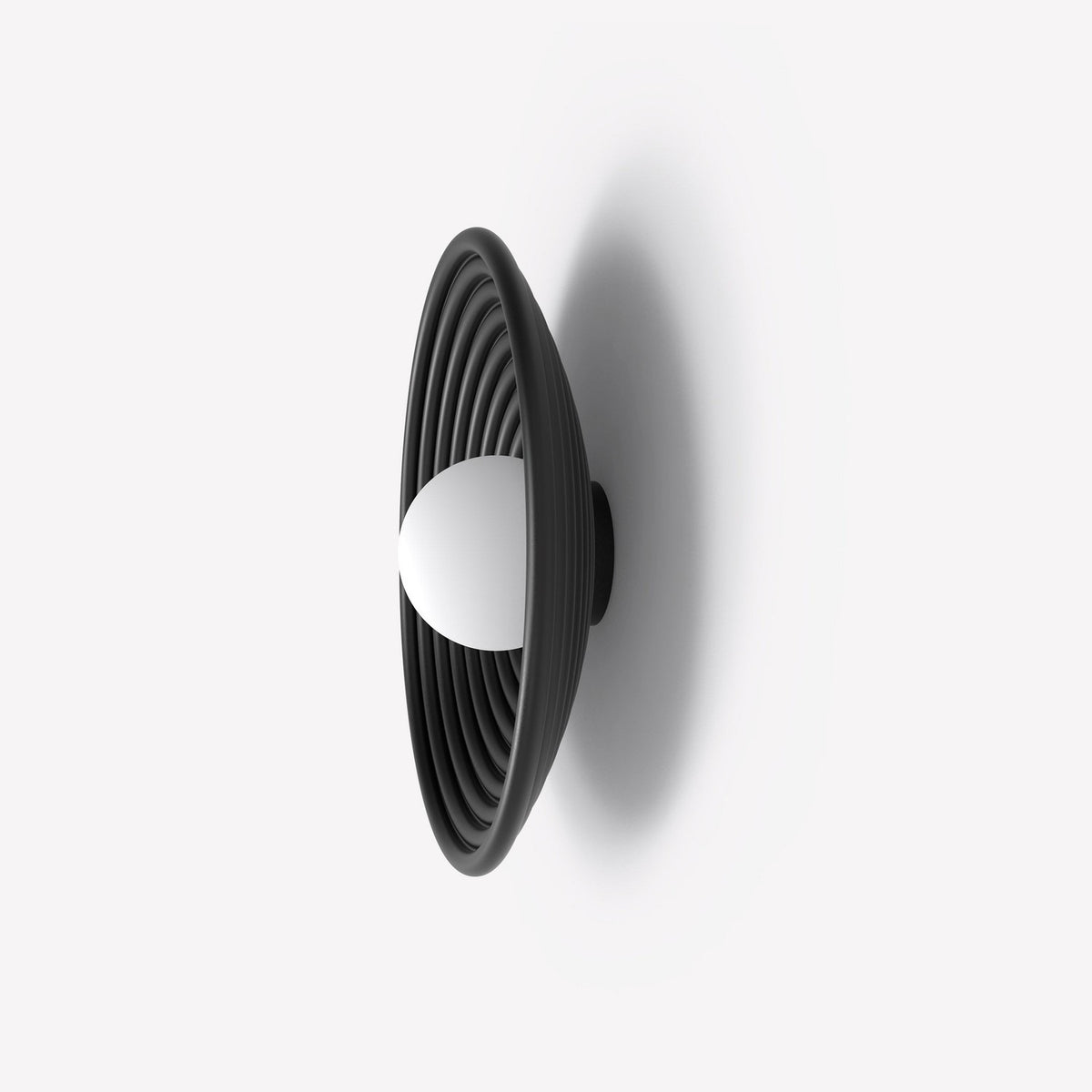 Randa Opal Glass Globe Flush Wall & Ceiling Light in matt black, side view showing ribbed dish and central opal glass globe, on a plain white background.