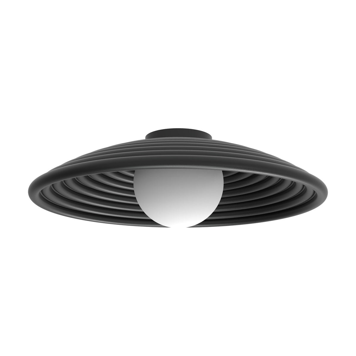 Randa Opal Glass Globe Flush Ceiling Light in matt black aluminium, a ribbed dish with concentric rings framing a central opal glass globe, shown on a white background.