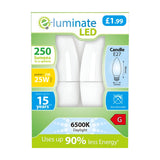 The E-Luminate 3W Non-Dimmable LED Candle Bulb - Daylight, E27, 6500K (2 Pack) is available for Â£1.99 and includes two bulbs. Each bulb emits 250 lumens of crisp daylight at a color temperature of 6500K and operates with 3W power, equivalent to a traditional 25W bulb. With an impressive lifespan of up to 15 years and an energy rating of G, this product uses advanced LED technology to consume up to 90% less energy. The bulbs come in a candle shape and are not dimmable.