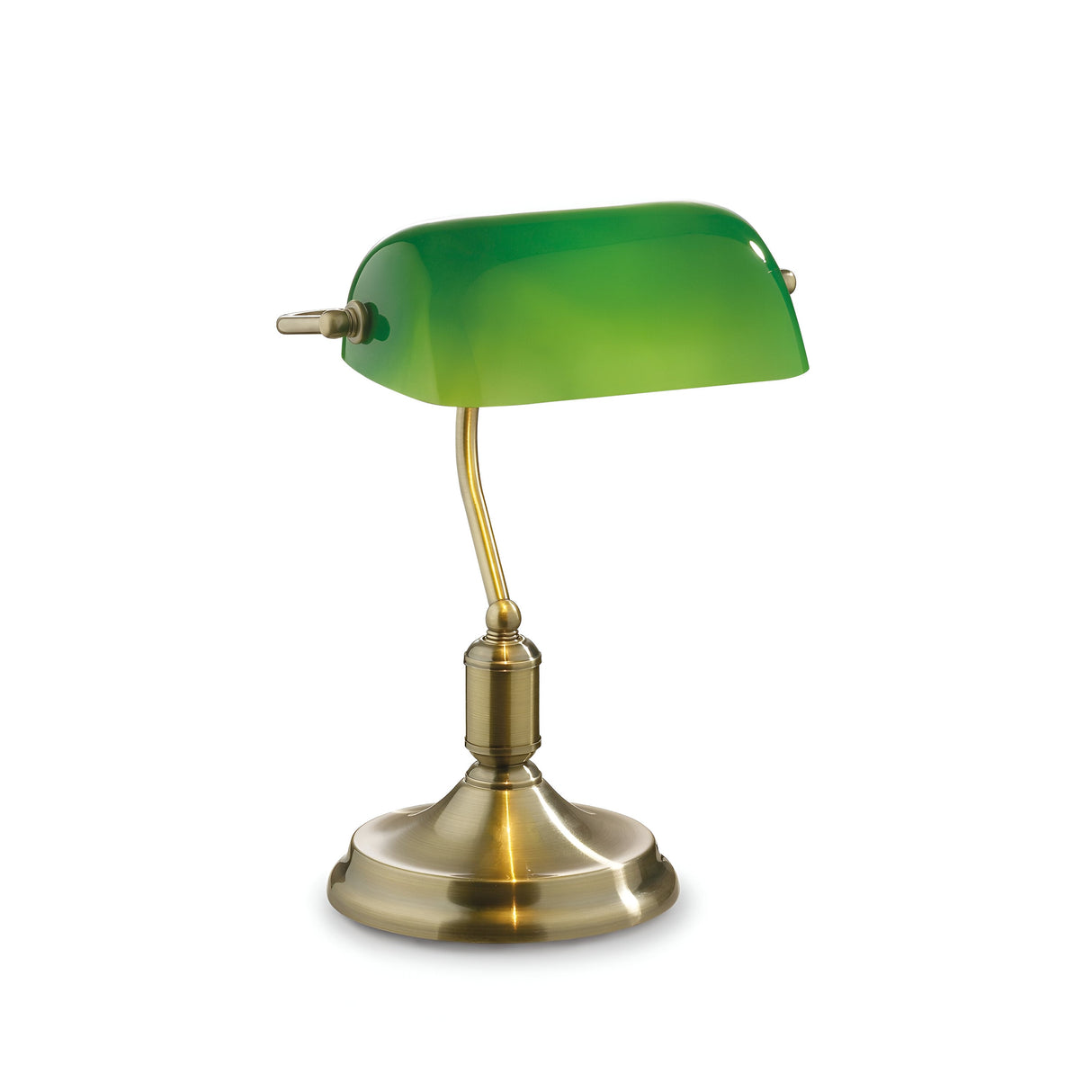 Embodying a vintage-inspired design, the Trellis Table Lamp in Antique Brass showcases a green glass shade paired with a curved metal support on a round base.