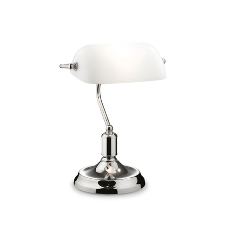 Introducing the Trellis Table Lamp - Chrome: A timeless banker's lamp featuring a polished chrome base and a white glass shade. This accent lighting piece showcases a modern design with an elegantly curved neck and a convenient pull chain for operation, set against an understated plain white backdrop.