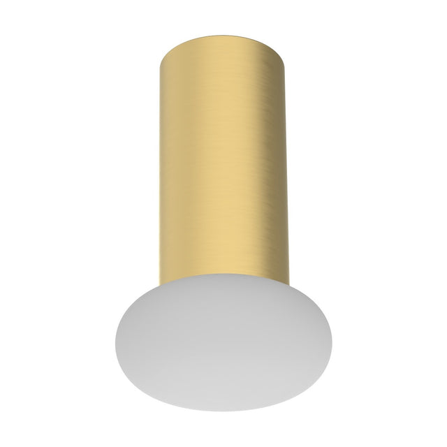 Rina Opal Glass Recessed Wall & Ceiling Light in polished brass, showing a slim cylindrical brass body with a rounded opal glass disc shade, on a plain white background.