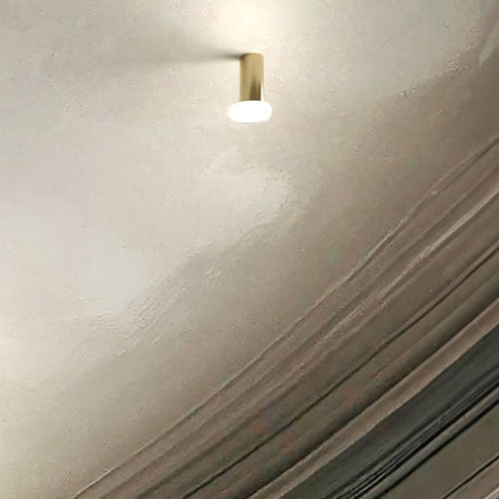 Rina ceiling-mounted downlight with slim polished brass cylinder and round opal glass diffuser, glowing softly against a textured light grey ceiling.