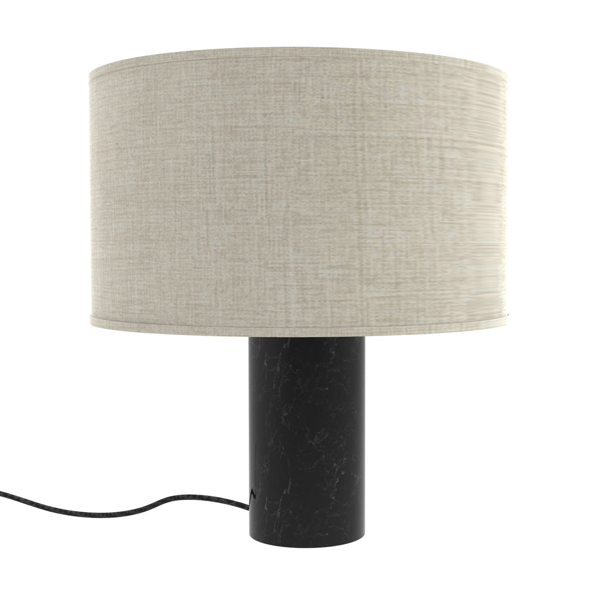Romy Drum Table Lamp with a wide beige cotton drum shade on a cylindrical black marble base with pale veining, shown on a plain white background.