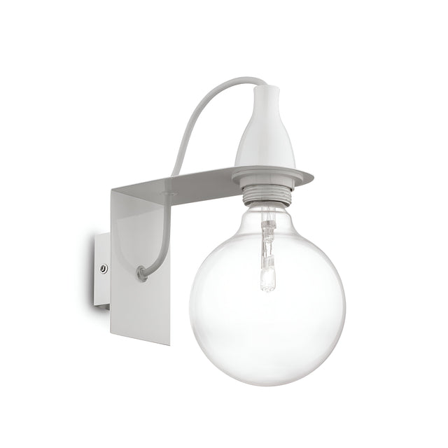 The Auburn Wall Light - White is a contemporary fixture that provides ambient lighting through its large, clear globe bulb. It highlights a minimalist design with a white base, a curved gray arm, and is elegantly connected by a sleek white wire.