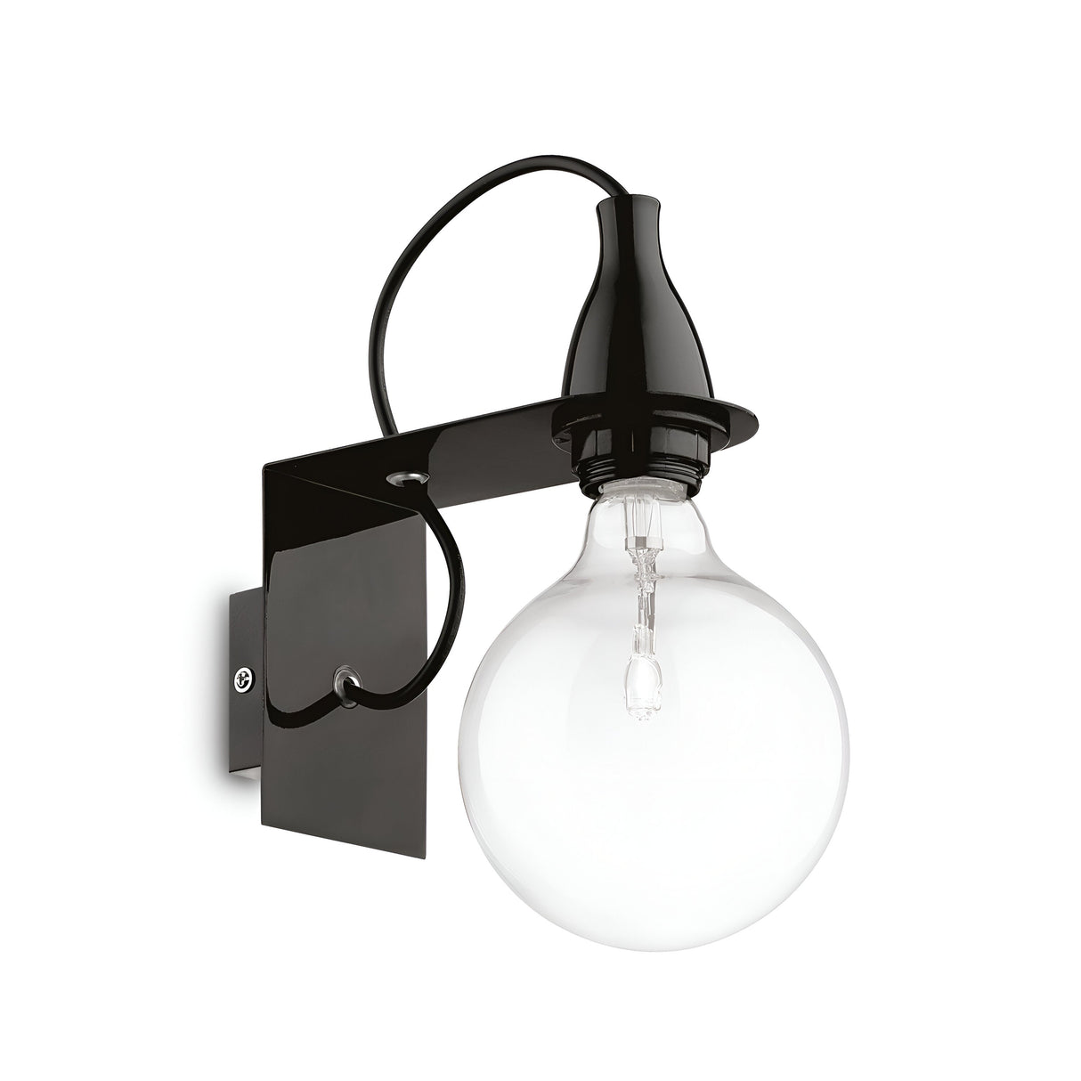 The Auburn Wall Light - Black is a wall-mounted fixture crafted from black metal, featuring an exposed clear glass bulb suspended from a twisted cord. This minimalist piece embodies a modern industrial aesthetic and includes a dimmable feature for precise ambiance adjustment.