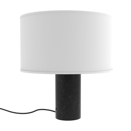 Romy Drum Table Lamp with a white cotton drum shade on a cylindrical black marble base, shown against a plain white background.