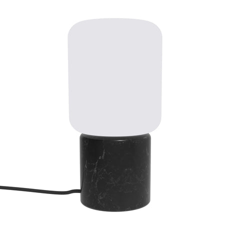 Remi Lantern Table Lamp with cylindrical black marble base and rounded square opal glass shade, shown with cable on a plain white background.