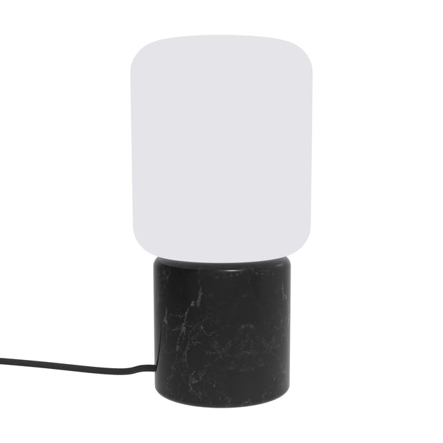 Remi Lantern Table Lamp with cylindrical black marble base and rounded square opal glass shade, shown with cable on a plain white background.