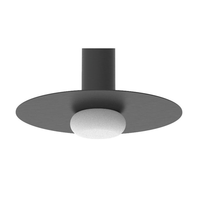Reina Opal Glass Pendant Light in matt black, with a round flat disc and slim cylindrical drop above a small opal glass shade, shown on a plain white background.