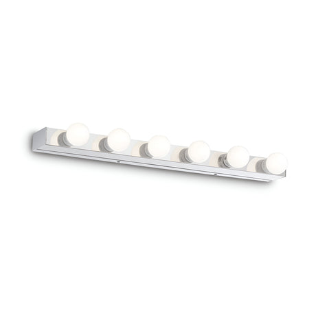 The Eclipsea 6 Light Bar Wall Light in chrome showcases six evenly spaced round bulbs on a sleek, rectangular metal base, elegantly mounted on a white wall.