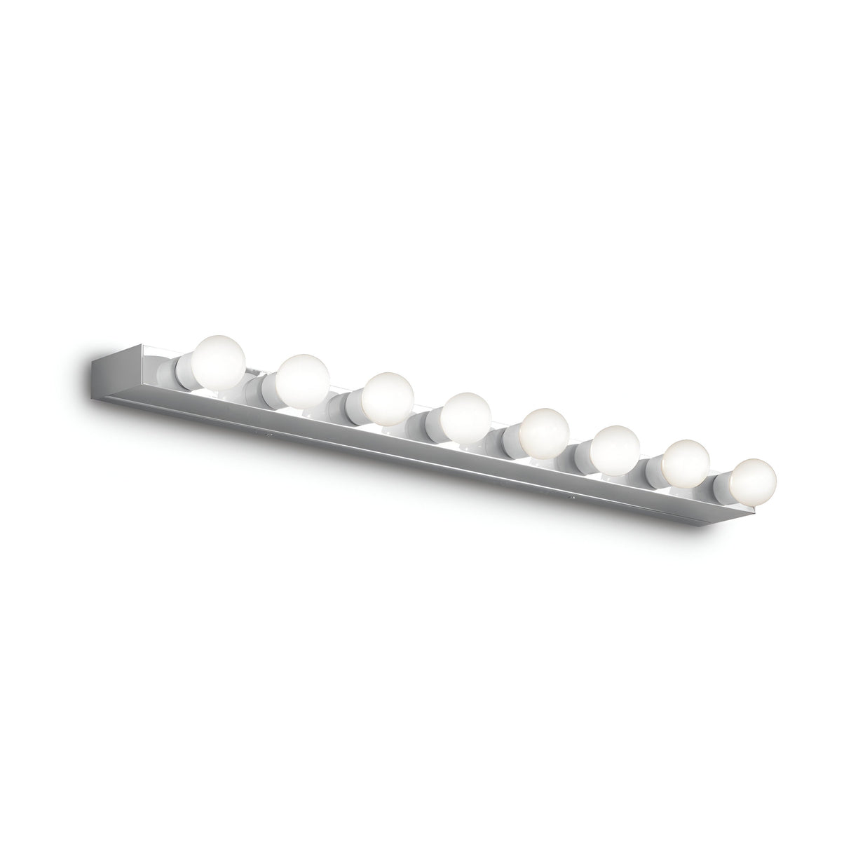 The Eclipsea 8 Light Bar Wall Light - Chrome, featuring a metallic base and eight evenly spaced round bulbs, provides bright and consistent illumination with a sleek, contemporary design ideal for modern aesthetics.