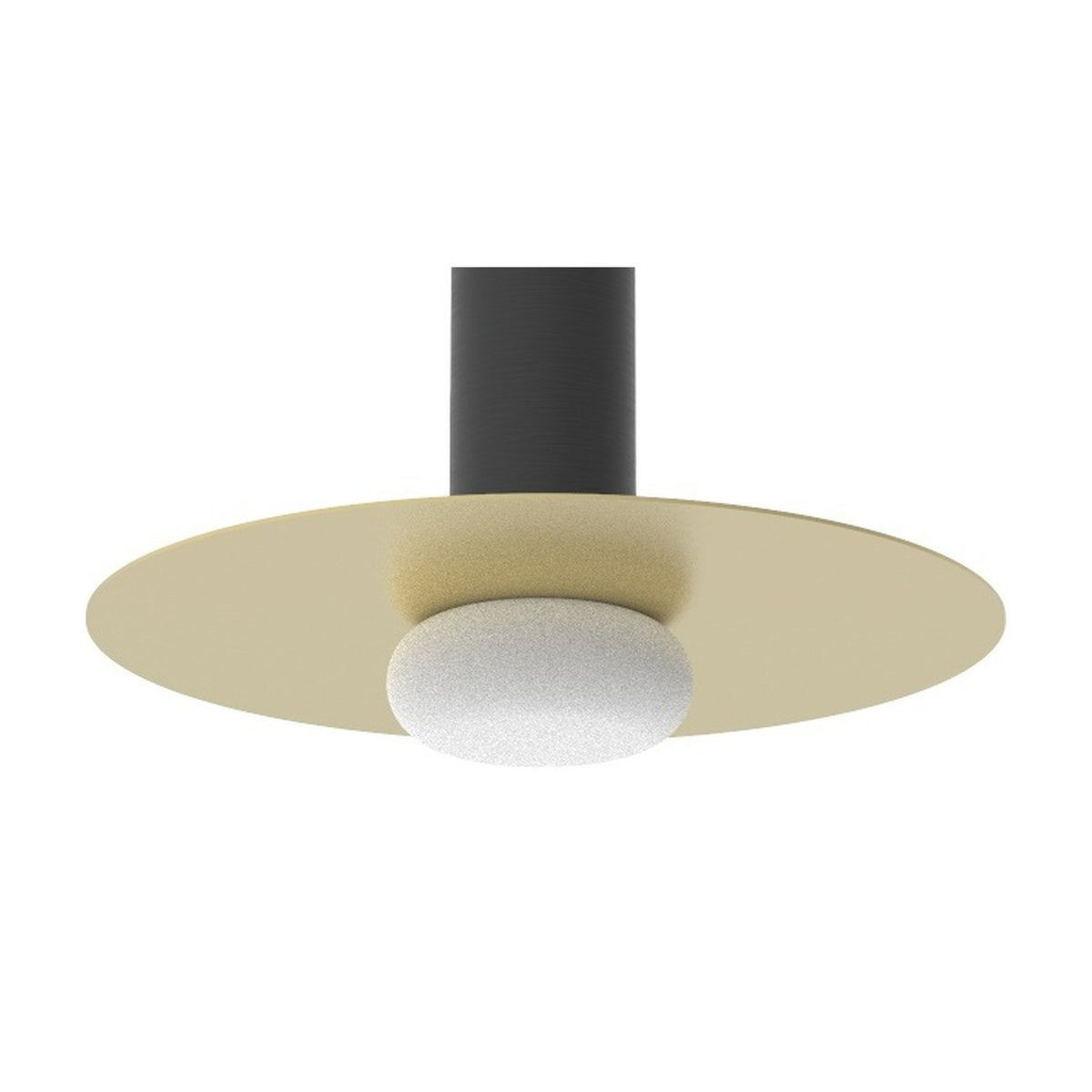 Reina Opal Glass Pendant Light with matt black cylindrical body, flat matt polished brass disc, and small rounded opal glass shade, shown on a plain white background.