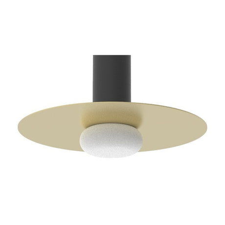 Reina Opal Glass Pendant Light with matt black cylindrical body, flat matt polished brass disc, and small rounded opal glass shade, shown on a plain white background.