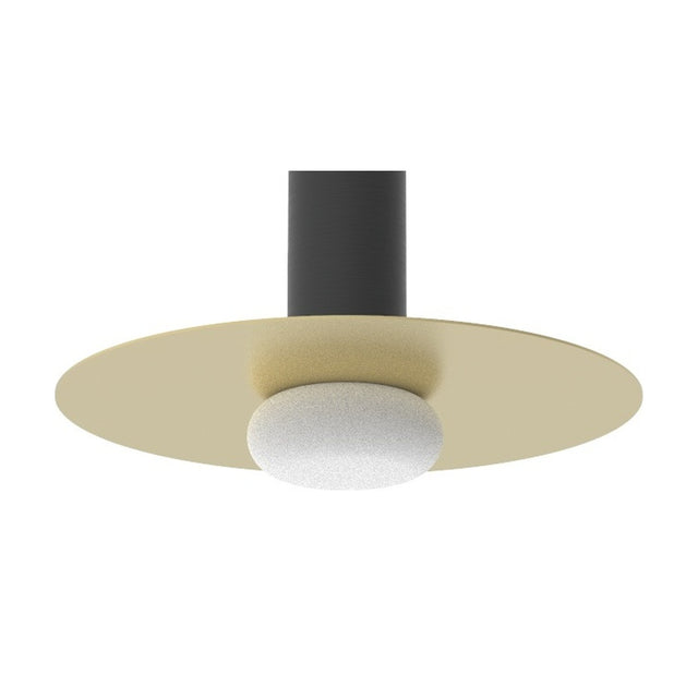 Reina Opal Glass Pendant Light with matt black cylindrical body, flat matt polished brass disc, and small rounded opal glass shade, shown on a plain white background.