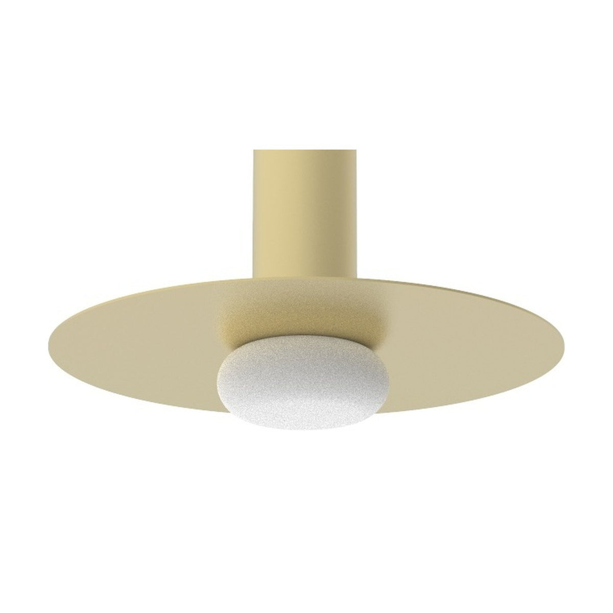 Reina Opal Glass Pendant Light in matt polished brass, with a slim cylindrical body, flat disc, and rounded opal glass shade, shown on a plain white background.