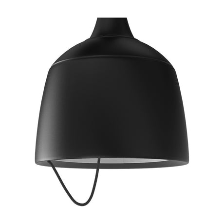 Barna LED Dome Pendant Light in matt black aluminium with a tapered neck and rounded shade, featuring a looped black textile cable beneath the rim on a white background.