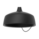 Barna LED Dome Pendant Light in matt black aluminium, showing the rounded dome shade, tapered neck, and looped black textile cable beneath the rim, on a plain white background.