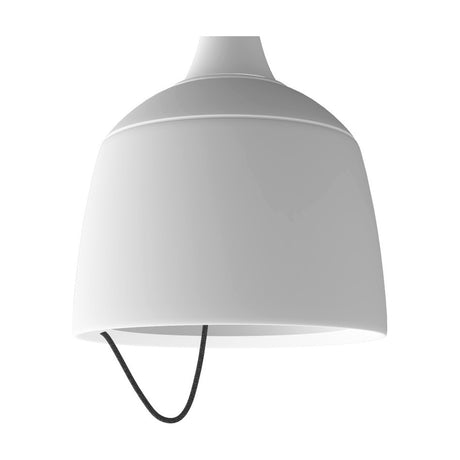 Barna LED Dome Pendant Light in matt white aluminium, a single dome shade widening from a slim neck with a fine shoulder ridge, hung on a black textile cable against a plain white background.