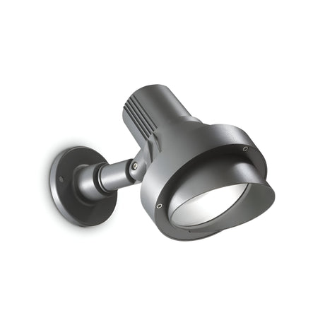 The Vespera Outdoor Large Wall Light - Grey features a sleek gray cylindrical design with an adjustable head. Made from die-cast aluminum, it combines durability and style. Its IP65 rating guarantees reliable performance against the elements, all beautifully displayed on a plain white background.