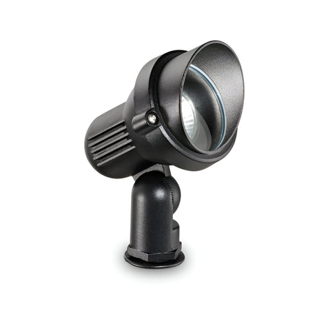 The *Vespera Outside Small Single Spotlight - Black* is skillfully made from painted cast aluminium and features a black adjustable design with a round lens and a durable, swiveling mount. Perfect for landscape or architectural lighting, it showcases a sleek, modern appearance complete with ridged detailing for efficient heat dissipation and offers an IP65 rating to ensure durability.