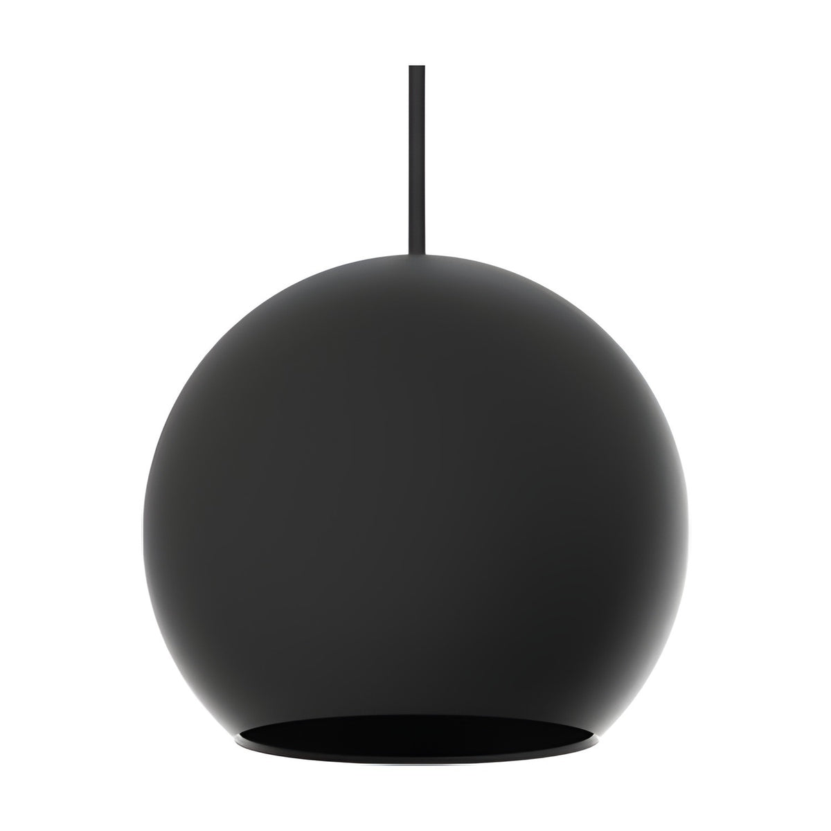 Nelly Globe Pendant Light in matt black aluminium, a spherical shade with open base on a black textile cable, shown on a plain white background.