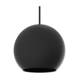 Nelly Globe Pendant Light in matt black aluminium, a spherical shade with open base on a black textile cable, shown on a plain white background.