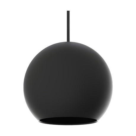 Nelly Globe Pendant Light in matt black aluminium, a spherical shade with open base on a black textile cable, shown on a plain white background.