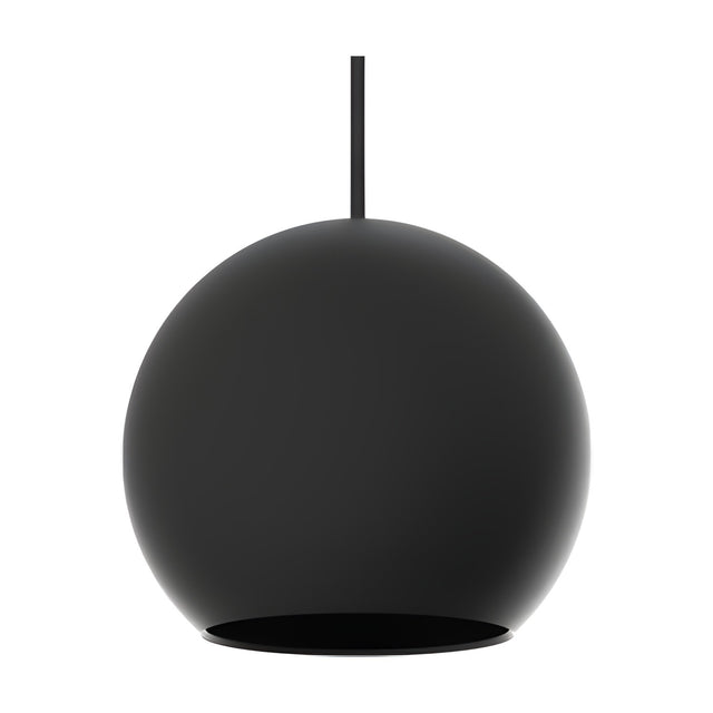 Nelly Globe Pendant Light in matt black aluminium, a spherical shade with open base on a black textile cable, shown on a plain white background.