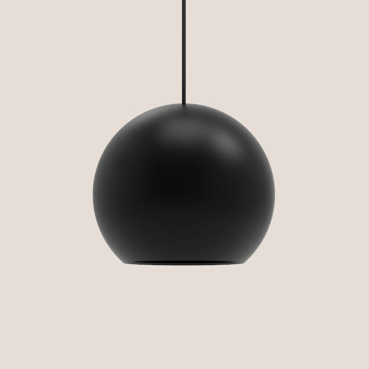 Nelly Globe Pendant Light in matt black aluminium, spherical shade with base opening, black textile cable, on a plain light background.