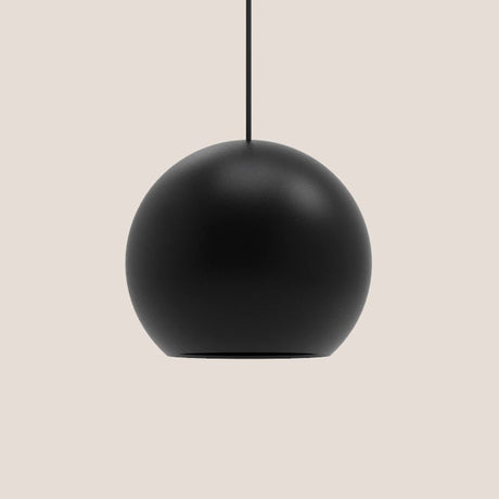 Nelly Globe Pendant Light in matt black aluminium, spherical shade with base opening, black textile cable, on a plain light background.