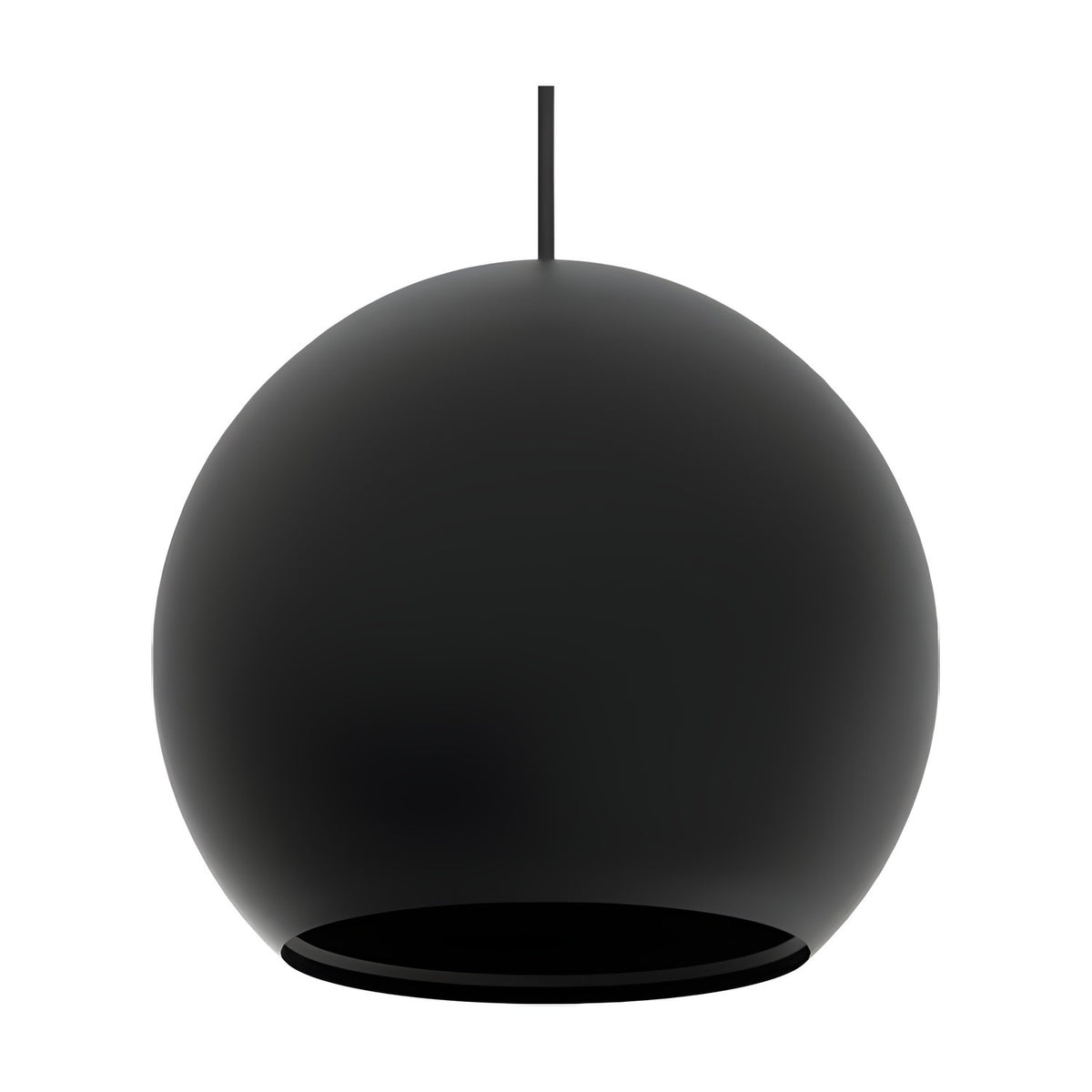 Nelly Globe Pendant Light in matt black aluminium, spherical shade with base opening, hung from a black cable against a plain white background.