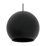 Nelly Globe Pendant Light in matt black aluminium, spherical shade with base opening, hung from a black cable against a plain white background.