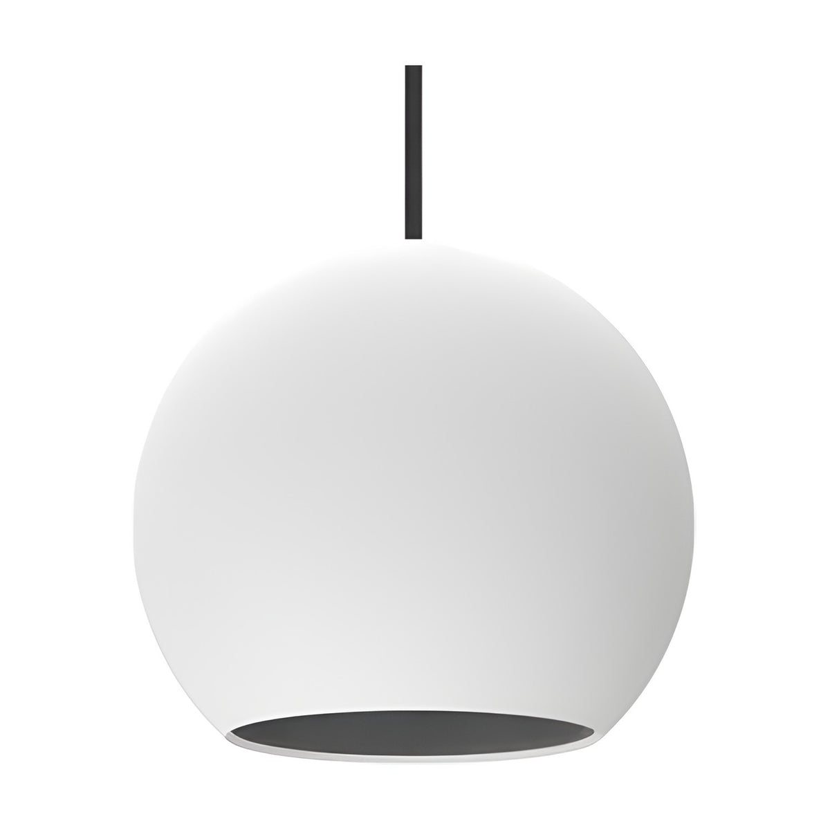 Nelly Globe Pendant Light in matt white aluminium, a round sphere open at the base with a black textile cable, shown on a plain white background.