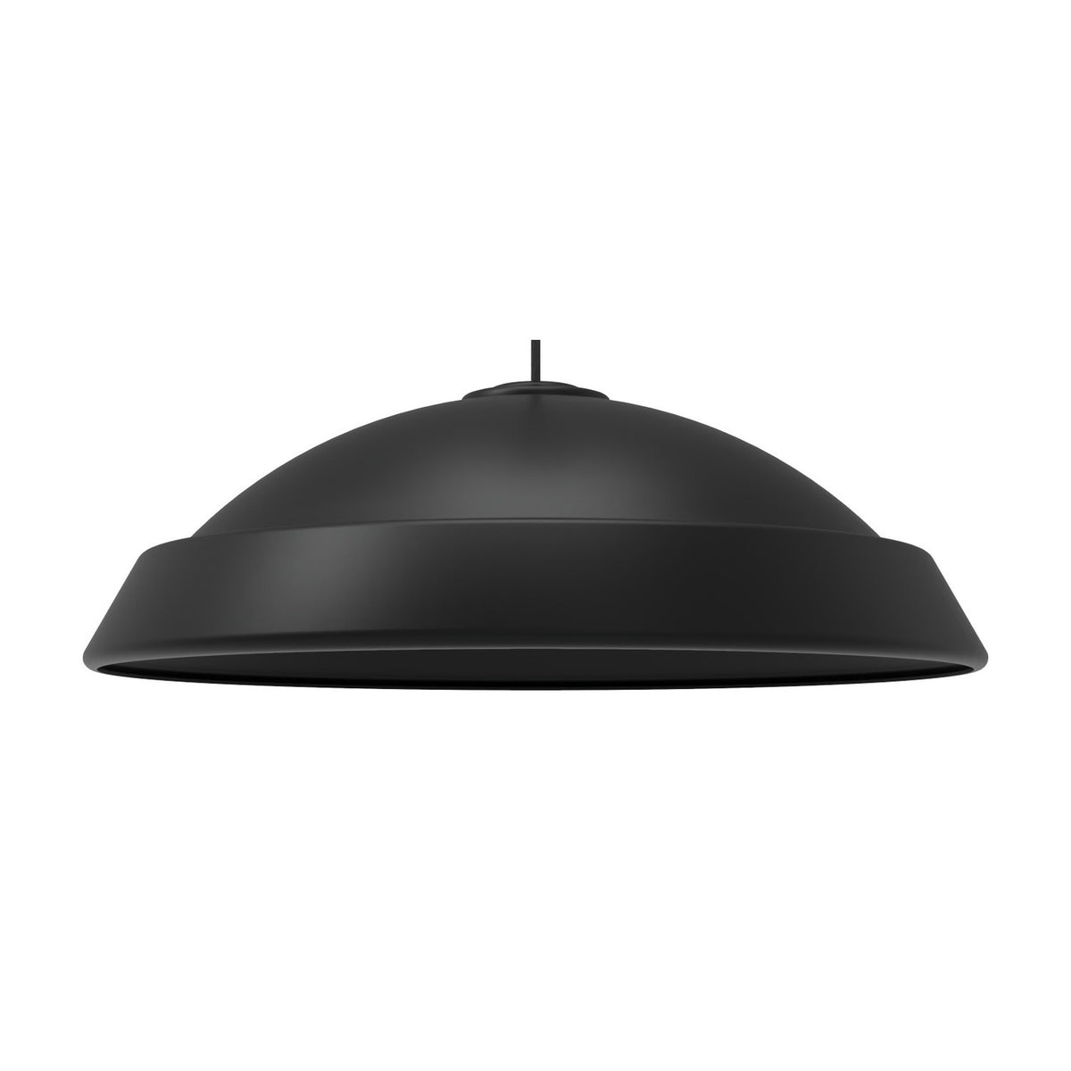 Vega Dome Pendant Light in matt black, a wide shallow iron dome with a flared rim on a slim ceiling cable, shown against a plain white background.