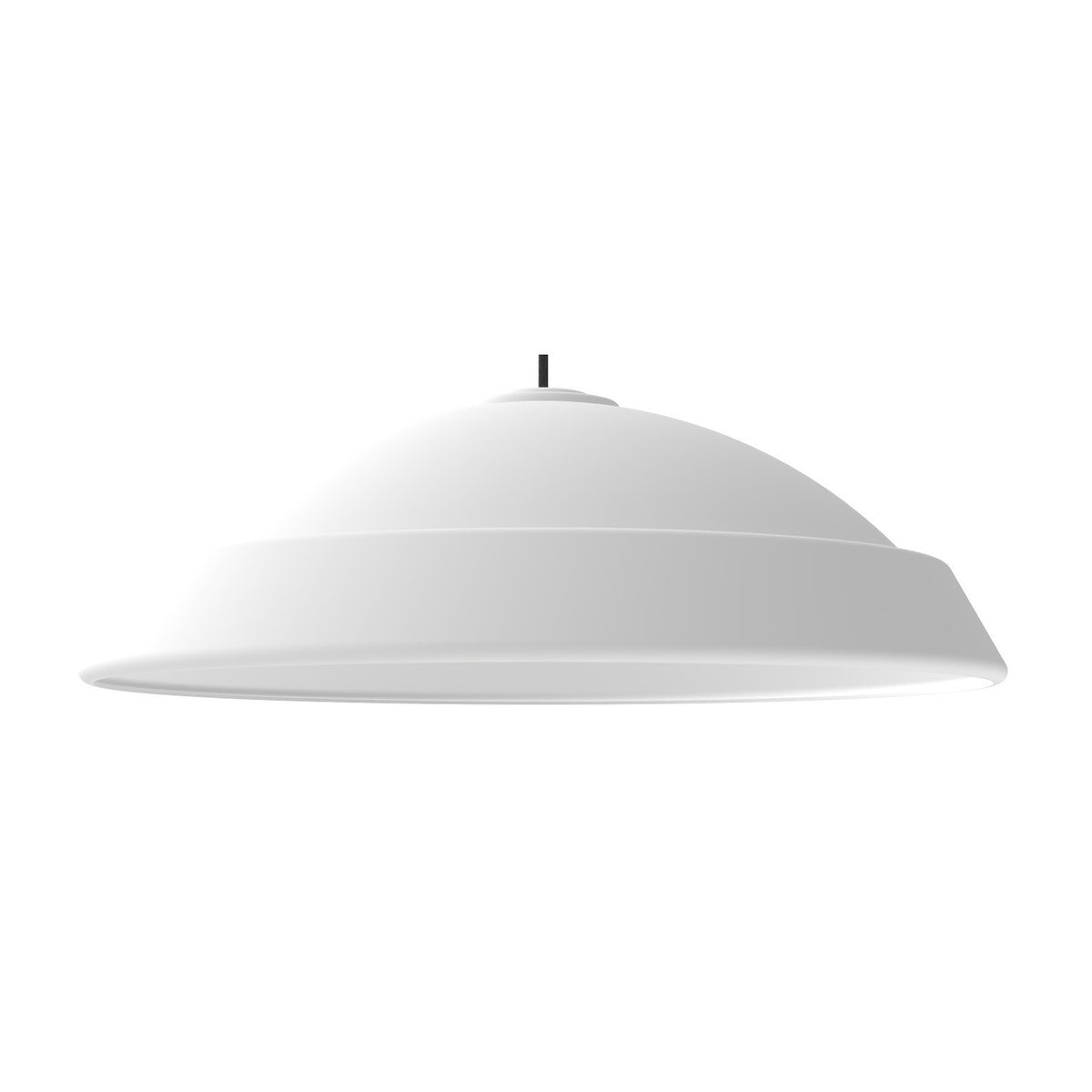 Vega Dome Pendant Light in matt white, a single wide low dome shade with a flared rim and E27 lamp holder, hung from a small round ceiling canopy on a black cable against a plain white background.